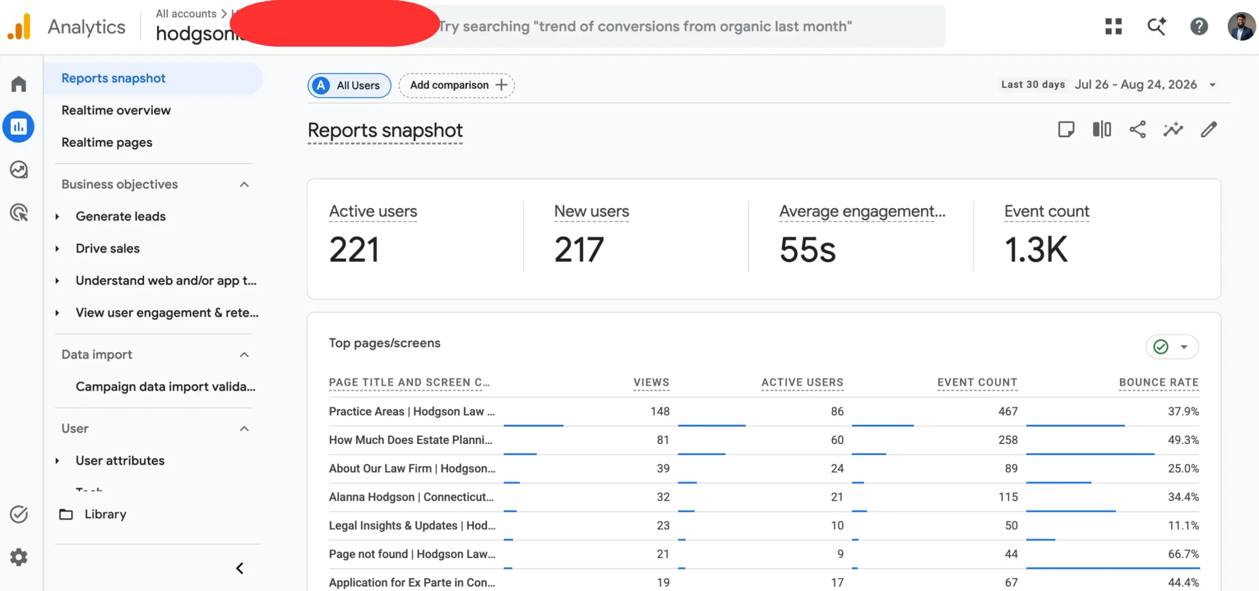 Law firm Google Analytics result